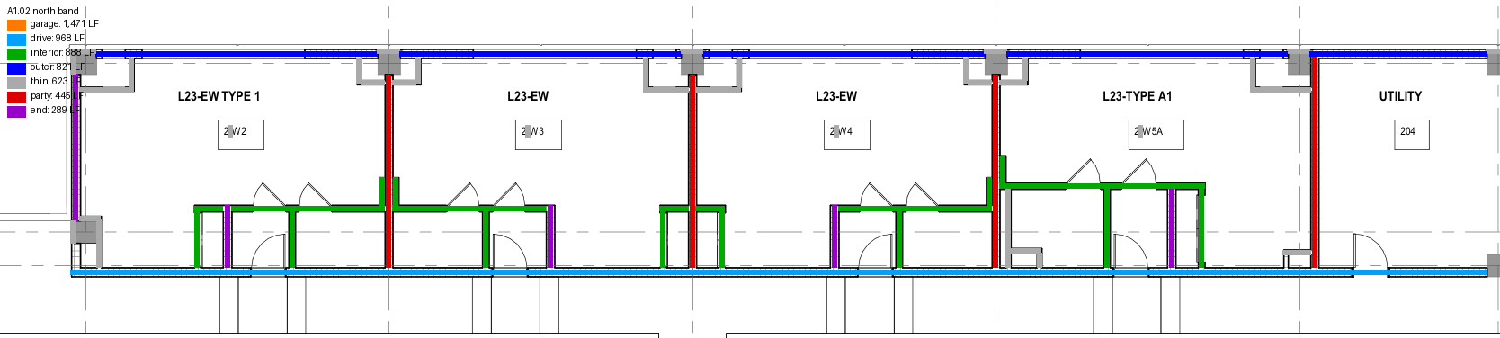 A vector overlay on a commercial plan sheet: wall runs classed by thickness, door swings read from their arcs, checked by eye before any quantity is trusted. Source: a Kanopi takeoff, September 2026, sheet anonymized.